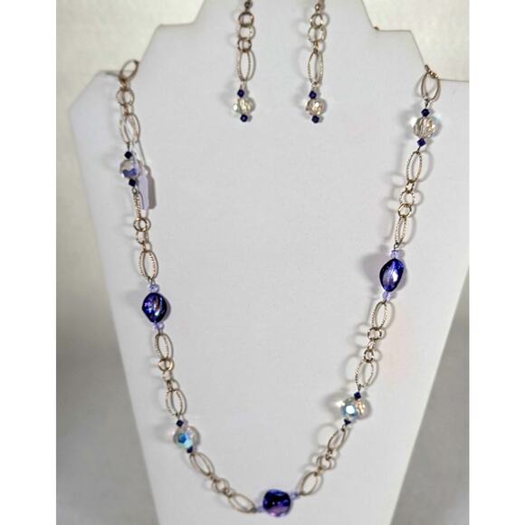 Purple dyed paua shell,Vtge crystal Aurora beads 25-30.5" E 2.50"earrings 2.50" - Picture 1 of 5